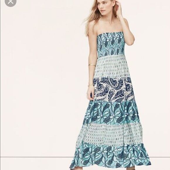 EUC LOFT Beach Strapless Tube Maxi Dress {blues} M - Picture 1 of 6